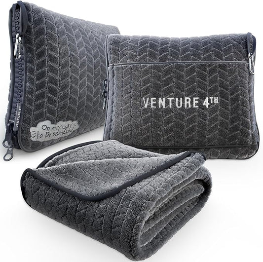 VENTURE 4TH Travel Blanket Pillow – Premium Ultra-Soft & Warm 2-in-1 Blanket or Pillow for Airplane, Car & Bus – Compact, Lightweight & Portable – Lint-Free, No Shedding, No Pilling - Gray