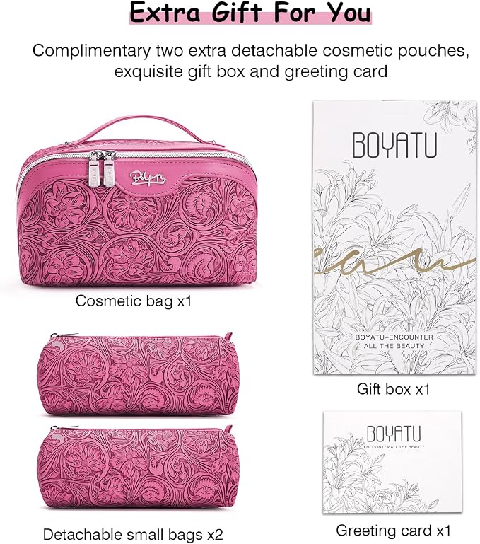 BOYATU Travel Makeup Bags Cosmetic Organizer Bag: 3 Pcs Set Large Capacity Floral Make up Bag with Compartments - Waterproof Leather Toiletry Bags with Handle for Women (20-Red) - Image 7