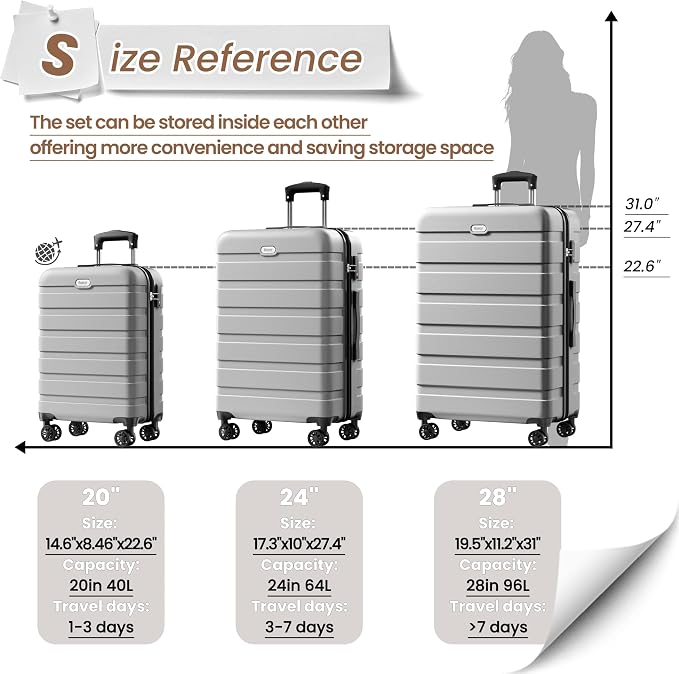 AnyZip Luggage Sets 3 Piece Hardshell Suitcase Set PC ABS Lightweight Travel Suitcases with 4 Double Spinner Wheels TSA Lock 20 24 28 Inch Silver - Image 3