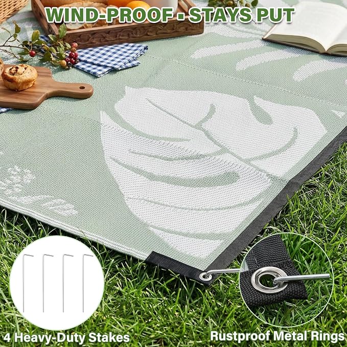 GOTGELIF Massive Outdoor Patio Rug - 9x12FT, Reversible & Water-Resistant & Wear-Resistant & Plastic Straw Outdoor Area Rug for Patio & Camping & RV - Green Leaf - Image 6