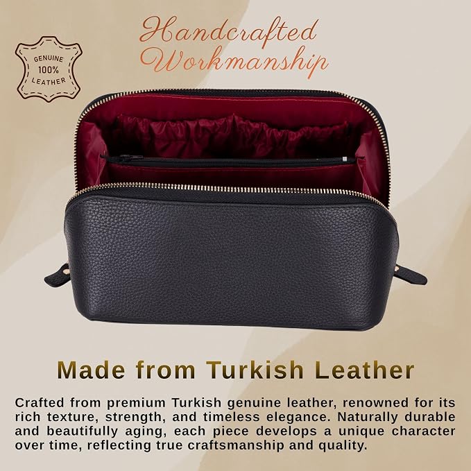 VENOULT Makeup Bag, Spacious Cosmetic Case for Women, Portable 180° Wide-Open Flat Cosmetic Bag, Travel Toiletry Organizer with Handle, Hanmdade, Full Grain Genuine Turkish Leather (Gravel Black) - Image 4