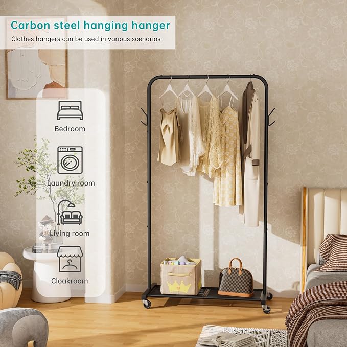 SINGAYE Wardrobe Standing Closet Clothing Rack With Shelf Hanging Clothes | Wardrobe Open Compact Small Metal Garment Hanger Stand Alone Free Standing Black Closet Rack Storage Organizer Heavy Duty - Image 9