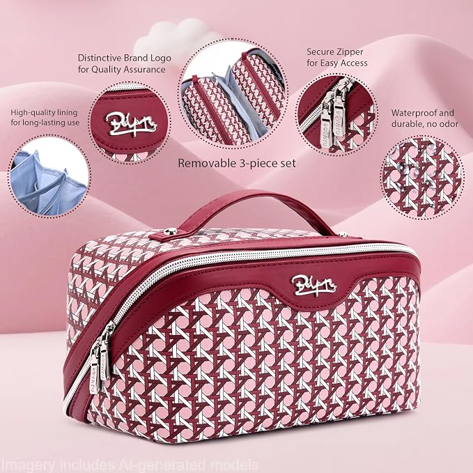 BOYATU Travel Makeup Bag Cosmetic Bags for Women: Large Capacity 3 Pcs Set Make up Bag with Compartments - Waterproof Vegan Leather Toiletry Organizer Bags with Handle (M-78Red) - Image 3