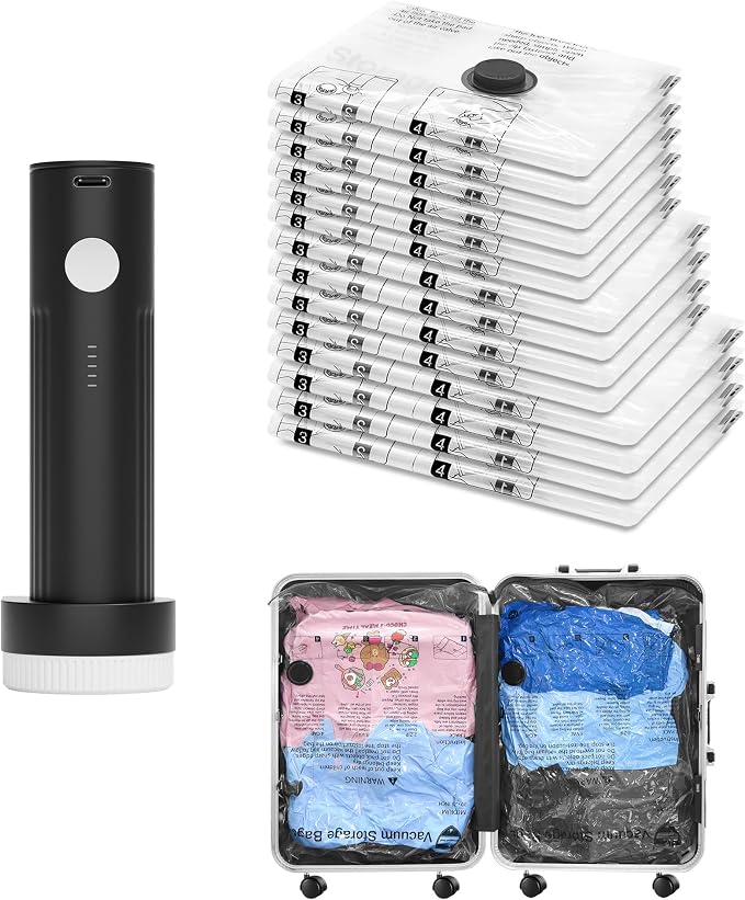 Vacuum Seal Bags for Clothing Travel and Home Storage, Travel Vacuum Bags with Electric Pump, Space Saver Compression Packing Cubes for Luggage Suitcase Bedding Blankets Clothes, 14 Combo by SUOCO