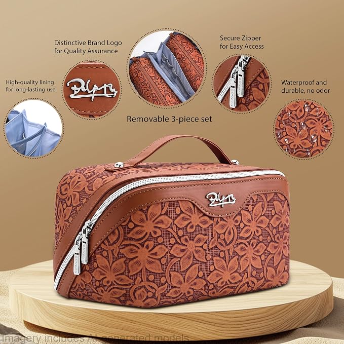 BOYATU Travel Makeup Bag Cosmetic Bags for Women: Large Capacity 3 Pcs Set Make up Bag with Compartments - Waterproof Vegan Leather Toiletry Organizer Bags with Handle (Z-61Brown) - Image 2