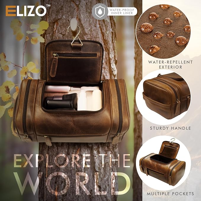 ELIZO Genuine Leather Toiletry Bag for Men Mens Toiletry Bags for Traveling Waterproof Hanging Leather Dopp Kit w/Hook Extra largeToiletry Bag Travel Organizer for Toiletries - Image 3