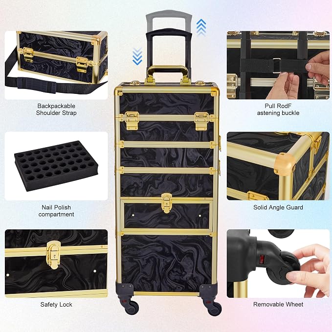 Somduy Rolling Makeup Case with Drawer, Makeup Train Case, 4 in 1Cosmetology Case on Wheels, Christmas Gift, Large Makeup Organizers, Profesional Cosmetic Case for Salon Barber, Pattern Black Gold - Image 6