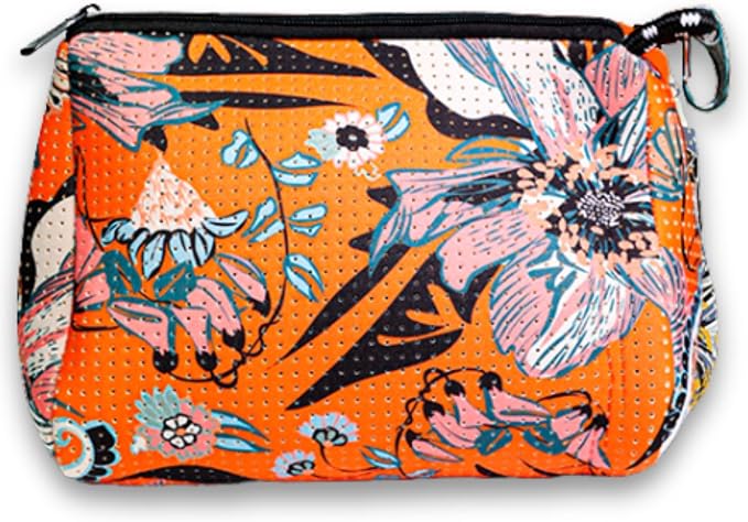 POPUPS Brand Large Makeup Bag with Zipper - Neoprene Machine Washable Travel Toiletry Cosmetic Organizer Pouch for Women (Print Blossom Orange) by POPUPSBrand