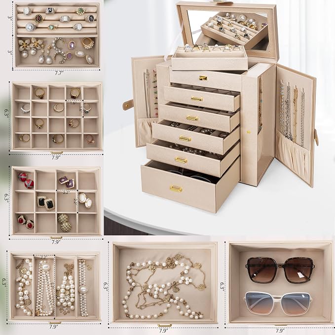 AKOZLIN 6-Tier Jewelry Box Organizer Functional 5 Drawers Leather Jewelry Storage Case for Women Girls Ring Necklace Earring Bracelet Holder Organizer with Mirror Extra Large Champagne - Image 2