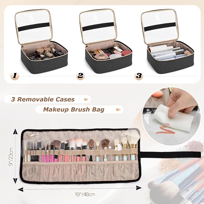 LUXJA Rolling Makeup Case with 3 Removable Makeup Bags and 1 Brush Holder | Large Cosmetic Bag with Detachable Shoulder Strap and Dolly, Professional Train Case with Multiple Storage Pockets, Black - Image 3