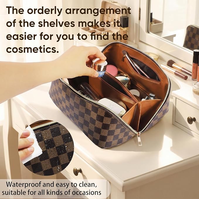 Leather Travel Makeup Bag, Large Capacity Cosmetic Bag for Women, Waterproof Portable Pouch with Divider, Toiletry Organizer with Handle, 10.5x5x5 Inches, Deep Brown - Image 5