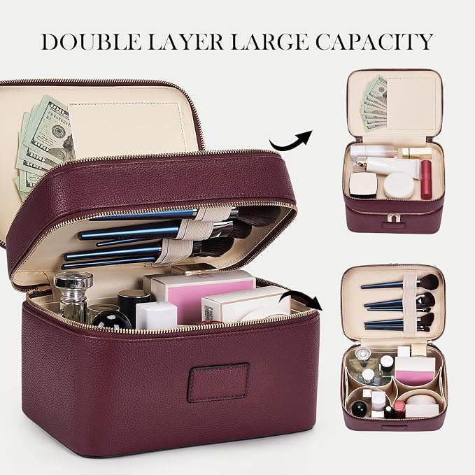 HiTotes Large Makeup Bag Duo Vanity Case for Women Leather Makeup Case Travel Toiletry Bag Portable Double Layer Cosmetic Bag - Image 2