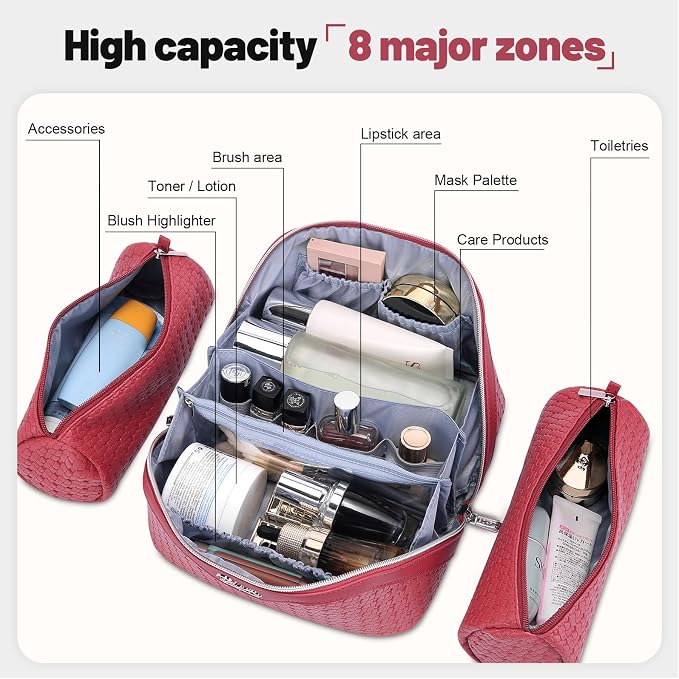 BOYATU Travel Makeup Bag Cosmetic Bags for Women: Large Capacity 3 Pcs Set Make up Bag with Compartments - Waterproof Vegan Leather Toiletry Organizer Bags with Handle (L54Rose) - Image 4