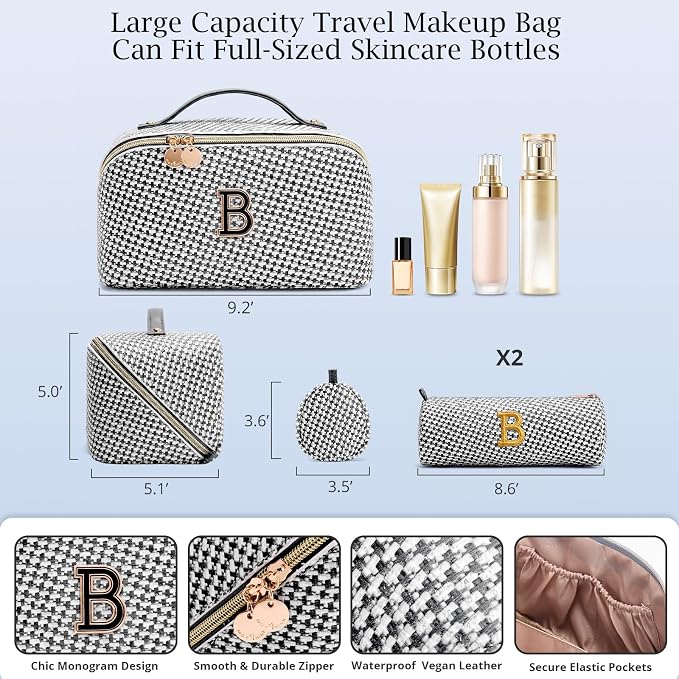 Personalized Gift Travel Makeup Bag: Initial Makeup Organizer Bag for Women | 3-in-1 Custom Make up Bag Set - Vegan Leather Travel Cosmetic Bag - Luxury Gift for Women – Birthday, Anniversary, Graduation - Image 6