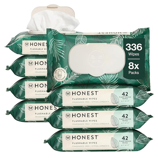 The Honest Company Flushable Wipes for Sensitive Skin | Fragrance Free, Hypoallergenic, 99% Water, Safe to Flush | pH Balanced Feminine Wipes | Tropical Leaves, 336 Count
