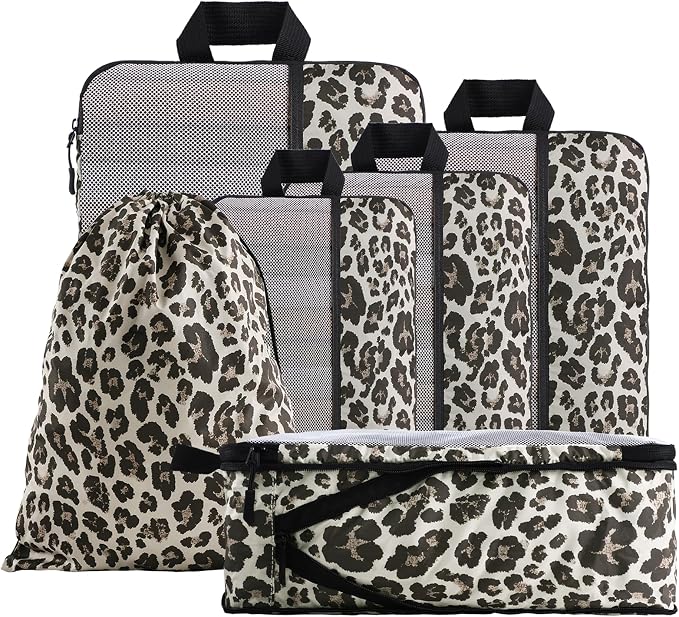 U+U 6 Set Compression Packing Cubes - Travel Organizers with Laundry Bag, Space-Saving Suitcase Organizer, Expandable Packing Organizers for Travel Essentials (Leopard) by UU