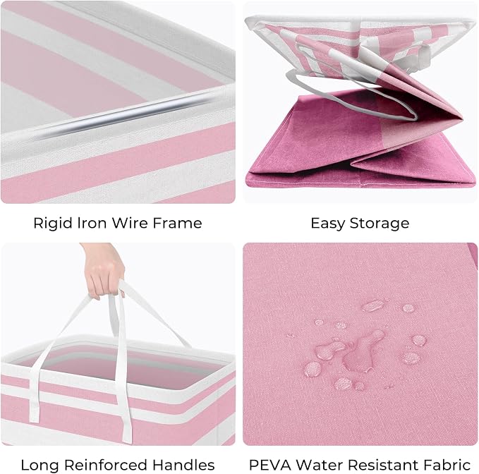 HomeHacks 2 Pack Large Laundry Baskets, Waterproof, Freestanding Laundry Hampers, Collapsible Clothes Hamper with Reinforced Handles in Laundry, College Dorm, Bathroom, Bedroom (Pink, 75Lx2) - Image 2