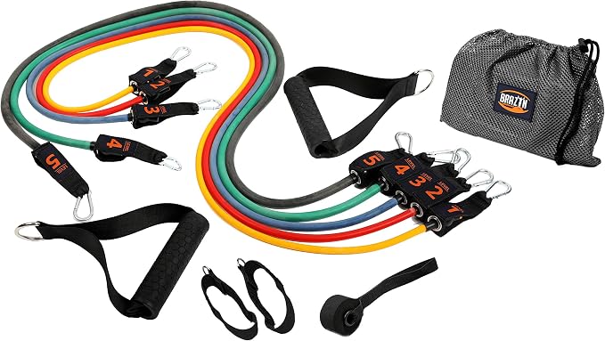 Brazyn Resistance Bands Kit with Handles 12-Piece Band Set with Travel Pouch, Guide, Ankle Straps & Door Anchor - for Workouts Gym Strength Training Bungee Yoga Pilates Physical Therapy - 150lbs by Brazyn