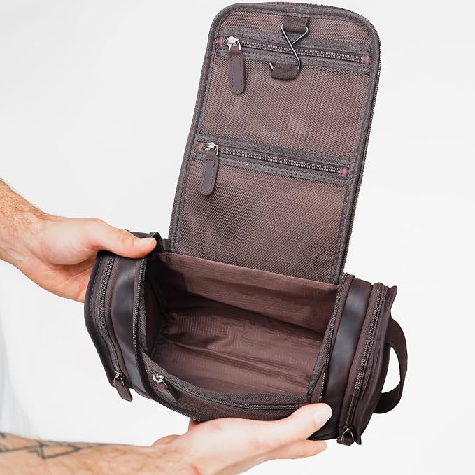Polare Full Grain Leather Toiletry Bag Travel Dopp Kit Makeup Cosmetic Organizer Shaving Kit Wash Case with Hanging Hook - Image 6