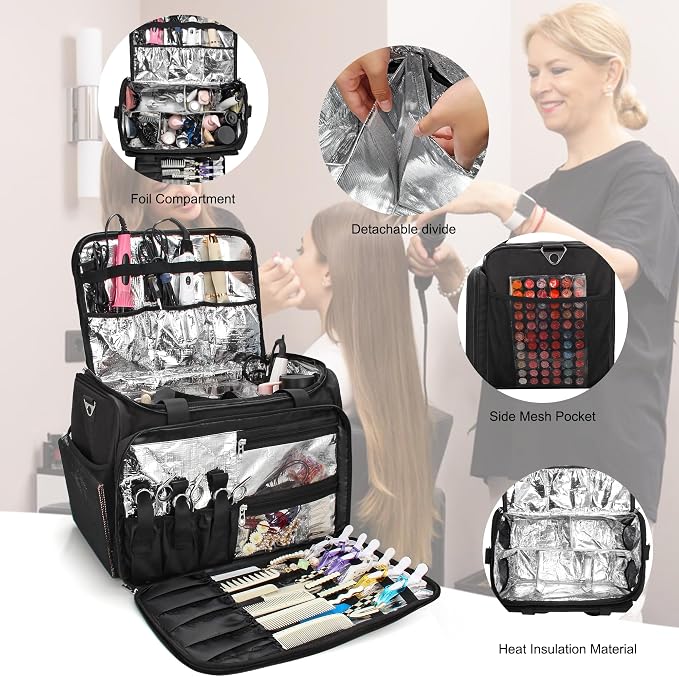 MONSTINA Rolling Makeup Train Case, Hairdressing Bag Cosmetology Case on Wheels Makeup Artist Bag Hairstylist Travel Cosmetic Organizer Storage Bag with 4 Bag (Black+Hairdressing Bag) - Image 6