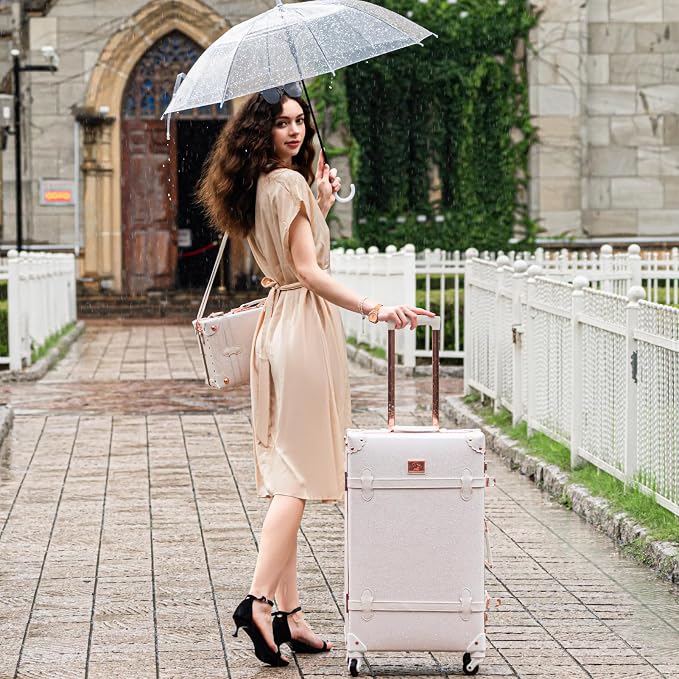 urecity 20" Rose White Vintage Luggage Set 2 Piece, Aluminum Frame Retro Carry On Suitcase with Cosmetic Case, Vegan Leather Spinner Trunk for Women (Clear Cover Included) - Image 9