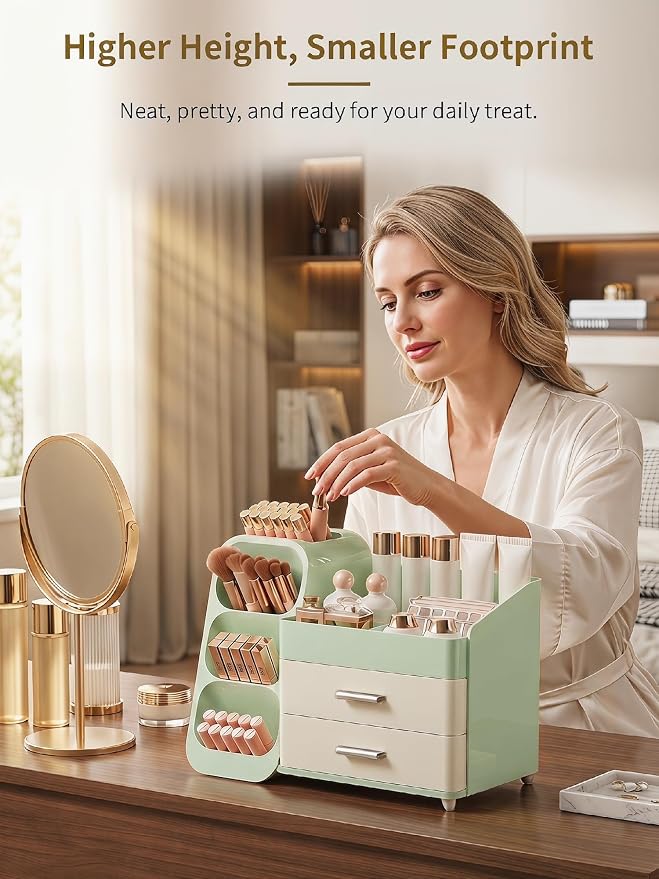 Booklov Makeup Organizer for Vanity and Bathroom Countertop, Green Cream | Plastic Cosmetic Display Case with Drawers, Beauty Brush Holder for Dresser Counter Skin Care Eyeshadow Lipstick Storage - Image 5