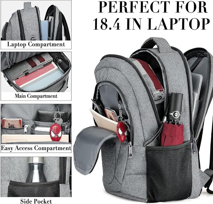 BIKROD 45L Extra Large Travel Laptop Backpack for Men and Women, Carry on Back Pack Fit 18.4 IN Laptop, Grey, Gift - Image 3