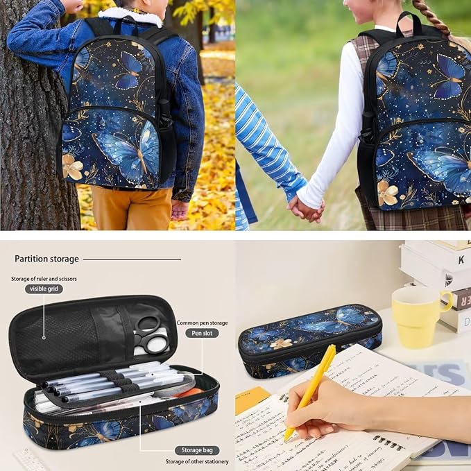 4Pcs Children School Backpack Set Girl's Butterfly Schoolbag Sets Big Capacity Bookbag with Lunch Box Pencil Case Water Carrier Pouch for Primary,Kindergarten - Image 4