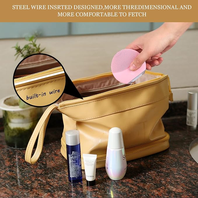 Abiudeng Large Capacity Makeup Bag Ladies Cosmetic Bag Travel Bag with Compartments Portable PU Leather Travel Makeup Bag with Handle - Image 3