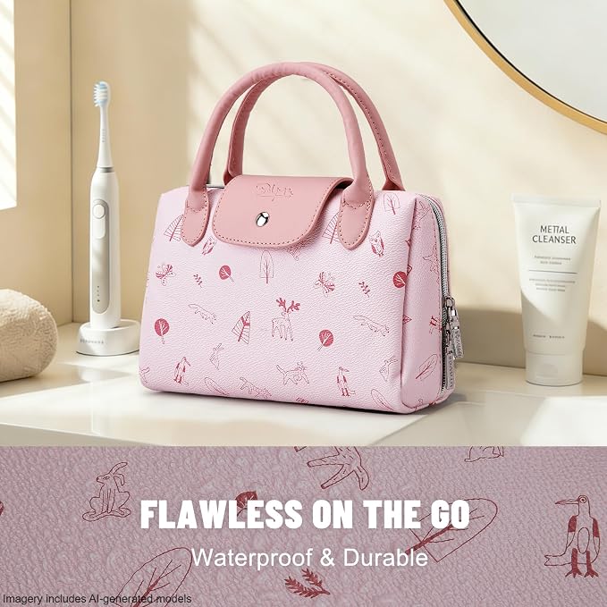 BOYATU Travel Makeup Bag Organizer with Handle: Forest Animal Cosmetic Bag Holds 10+ 100ml Full-Size Bottles for Dates & Trips - Waterproof Leather Toiletry Pouch 3-sec Touch-up for Chic Woman(Pink) - Image 3