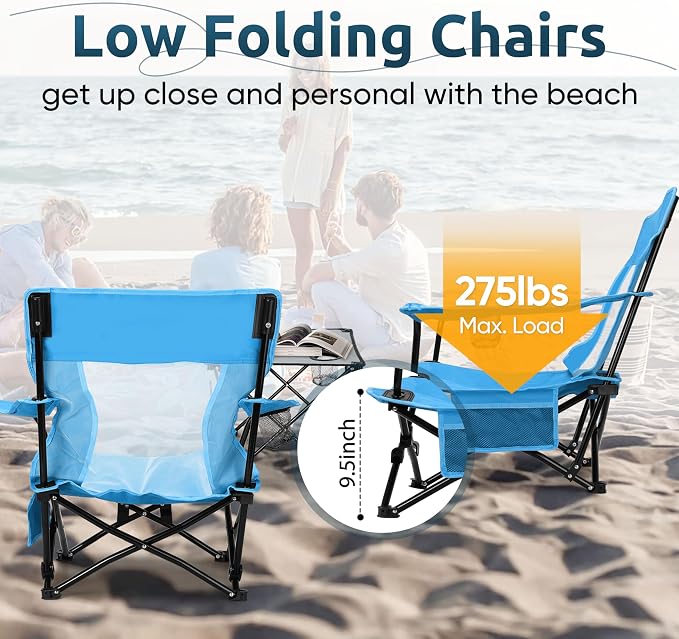 HaSteeL Folding Beach Chair Set of 3, Foldable Blue Camping Chairs & Grey Table for Outside, Low Beach Chair Portable for Adults Fishing, Picnic, Outdoor BBQ, Travel, Sports, Cup Holder & Storage Bag - Image 7
