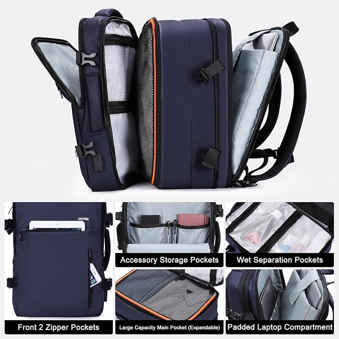 HOMIEE 40L Expandable Carry on Backpack Fit 15.6 Inch Laptop for Travel | USB Charging Port TSA Approved Waterproof Luggage Suitcase Personal Item Backpack - Image 3