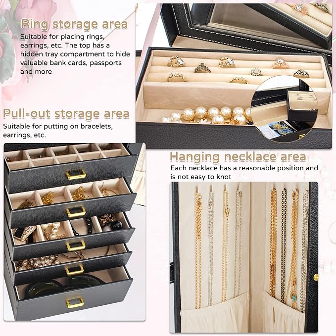 AKOZLIN 6-Tier Jewelry Box Organizer Functional 5 Drawers Leather Jewelry Storage Case for Women Girls Ring Necklace Earring Bracelet Holder Organizer with Mirror Extra Large Black - Image 2