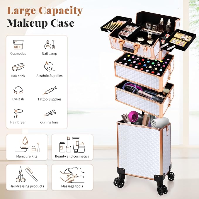 AROUS Rolling Makeup Train Case 4 in 1 Cosmetology Case on Wheels Large Storage Cosmetic Trolley with Key Salon Barber Case Traveling Cart Trunk,White - Image 4