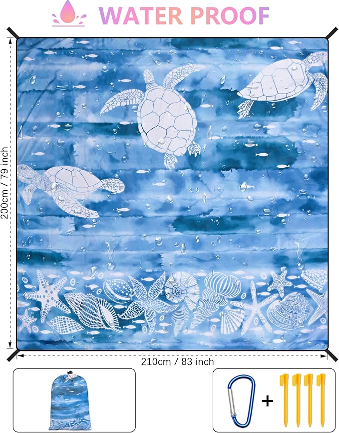 HIHOHO Beach Blanket Waterproof Sandproof Mat, Ink Turtle-BL, 79"×83" | Quick Drying, Durable, For 1-8 Adults, Outdoor Picnic Beach Festival Travel Camping Hiking - Image 3