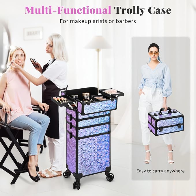 Rolling Makeup Train Case with Lid Cosmetology Case on Wheels | 5 in 1 Large Cosmetic Trolley Organizer Travel for Hairstylist Artist Nail Beauty Salon Barber Cart Trunk, Gravel Purple - Image 7