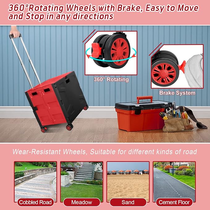FELICON Folding Utility Cart Rolling Crate Handcart Basket Tote-Red+Black | Collapsible Hidden Lid,Plastic Box,Telescoping Handle,4 Rotate Wheels for Travel Shop Move Grocery Laundry Office Teacher Use - Image 5