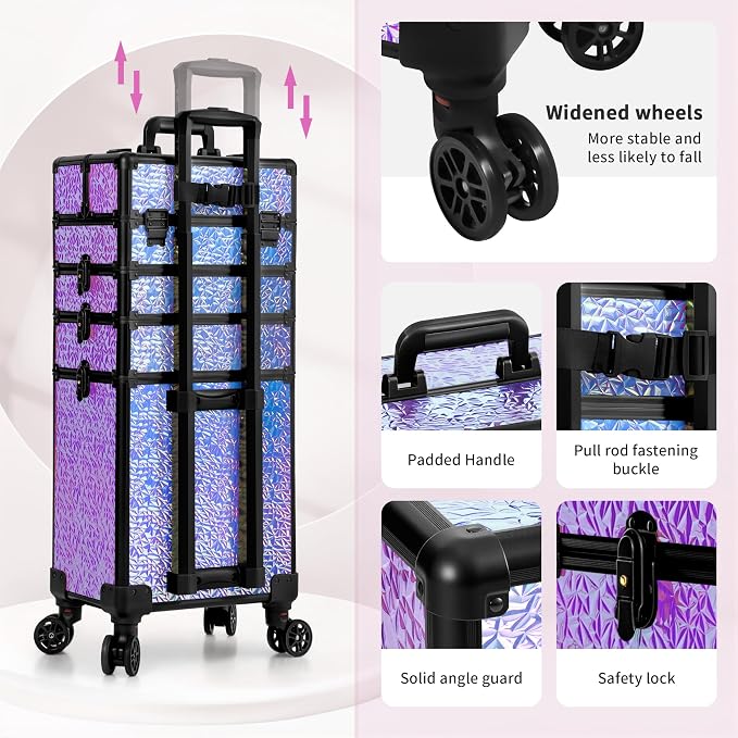 Rolling Makeup Train Case with Lid Cosmetology Case on Wheels | 5 in 1 Large Cosmetic Trolley Organizer Travel for Hairstylist Artist Nail Beauty Salon Barber Cart Trunk, Gravel Purple - Image 5