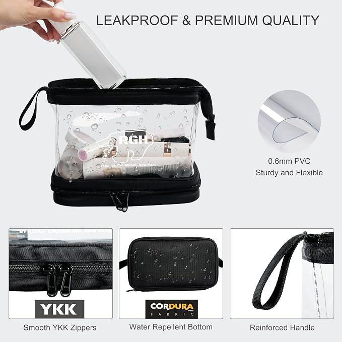 Rough Enough Clear Cosmetic Bag for Women and Men, Leakproof Travel Makeup Organizer, with Detachable Brush Pouch, Large Opening, 6.5”x5”x8.5” - Image 5