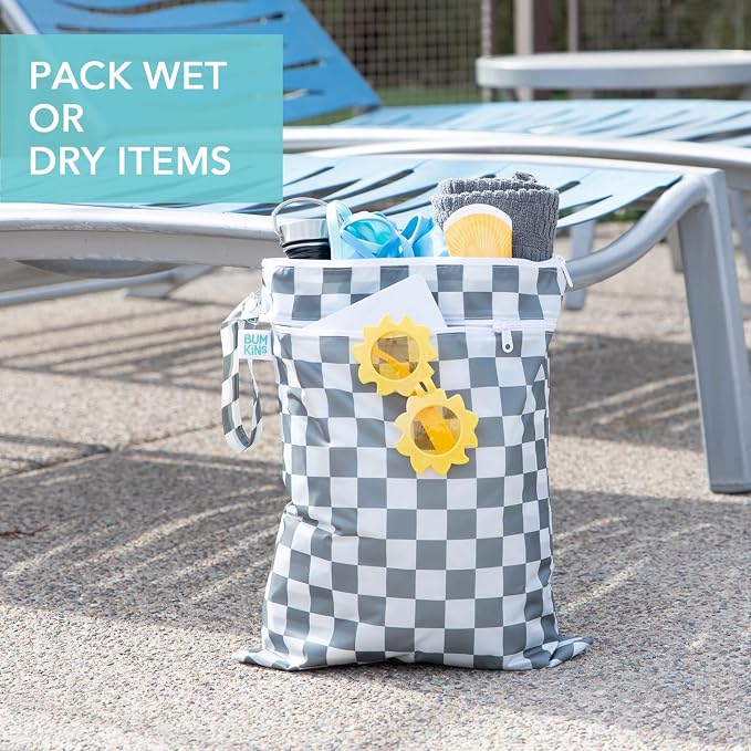 Bumkins - Waterproof Wet Bag, Wet/Dry Clutch & Clear Travel Bags - For Beach, Baby, Travel, Cloth Diapers, Pump Parts, Pool, Gym, Toiletries - Reusable & Easy to Clean - Gray Check - 5 Pack - Image 3