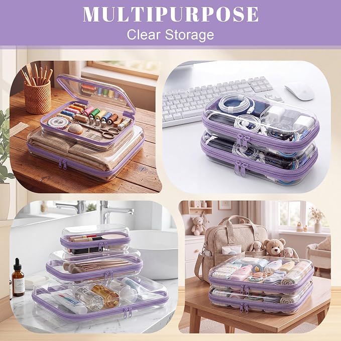 12 Pack Clear Hard Shell Zipper Case with 40 Labels, X-Large/Medium/Small Stackable Clear Pouches, Crush-resistant Travel Toiletry Bag Organizer for Makeup Board Games Electronics (Purple) - Image 4