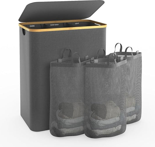 Hampers for Laundry Basket with Lid, 160L Large Laundry Hamper 3 Section | Dirty Clothes Hamper Separator with 3 Removable Bags & 5 Labels, Divided Laundry Organizer for Bedroom, Laundry Room, Gray by Bathola