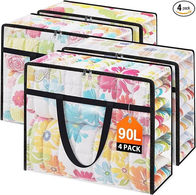 Clear Under Bed Storage Containers - 4 Pack Large Capacity Clothes Storage Bags with Lid & Sturdy Handles, Foldable Moving Bags, Clothing Organizer Totes for Bedding, Comforter, Sheet（90 L） by Unknown