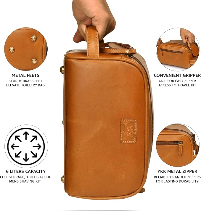 Premium Leather King Size Toiletry Travel Pouch – Handcrafted Dopp Kit Bag with Waterproof Lining, Spacious Design for Travel Essentials, Elegant Tan Finish - Image 4