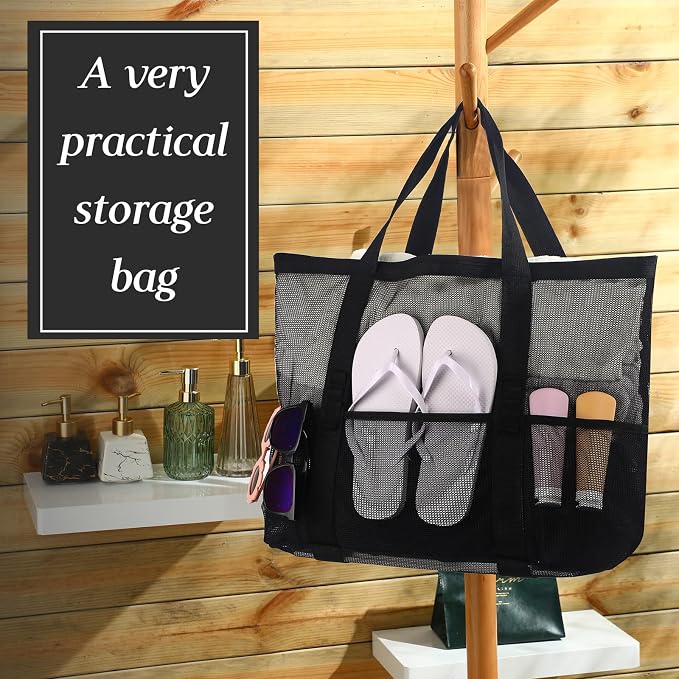 Hillban Large Beach Mesh Bags Bulk for Women Beach Tote Bag with 8 Pocket Zipper Waterproof Sandproof for Pool Cruise Ship - Image 3