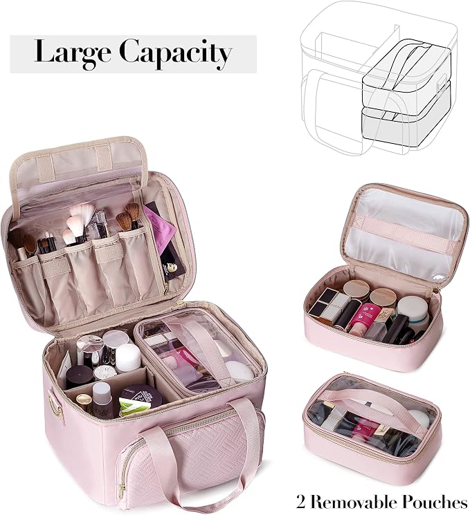 Large Makeup Bag for Women, Cosmetic Case, Travel Makeup Organizer | Large Cosmetic Case with 2 Pouches & Adjustable Dividers, Makeup Organizer Fits Bottle Vertically, Portable Travel Accessory - Image 2