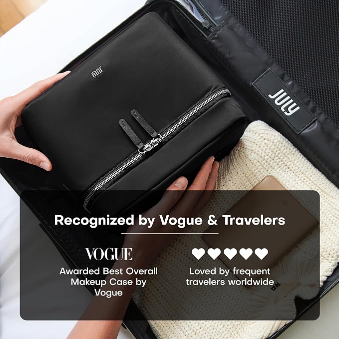 July Vanity Cosmetic Case - Stylish Travel Makeup Bag for Women with Removable Wet Pouch, Upright Bottle Design, Clear Top Pocket, Leather Handle, Travel Essentials, Toiletry Organizer - Black - Image 5