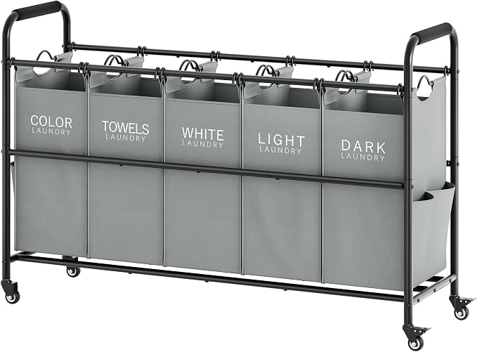 Tajsoon Laundry Sorter, 5 Section Laundry Hamper, Laundry Cart, Grey | 65 Gal Laundry Basket Organizer with Heavy Duty Lockable Wheels and Metal Handle, Large Clothes Hamper for Bathroom, Bedroom by Tajsoon