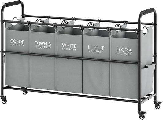 Tajsoon Laundry Sorter, 5 Section Laundry Hamper, Laundry Cart, Grey | 65 Gal Laundry Basket Organizer with Heavy Duty Lockable Wheels and Metal Handle, Large Clothes Hamper for Bathroom, Bedroom by Tajsoon