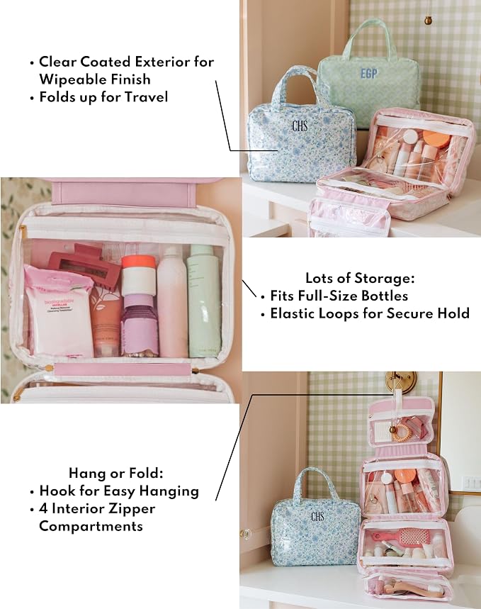 Personalized Hanging Toiletry Bag - Embroidered Travel Organizer for Women, Clear-Coated Makeup Bag with 4 Zipper Compartments, Foldable Organizer, Monogrammed Gift (Palm) - Image 8
